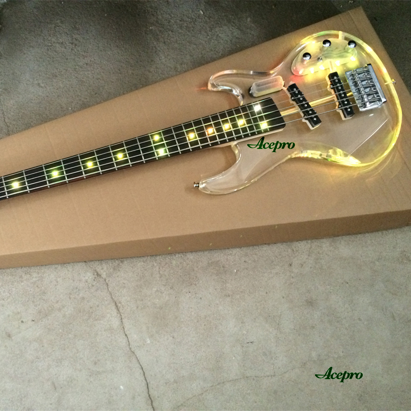 Bass Guitar Fretless - กีตาร์เบสไฟฟ้าอะคริลิค 5 สาย คอไม้เมเปิล ฟิงเกอร์บอร์ดไม้โรสวูด ไฟ