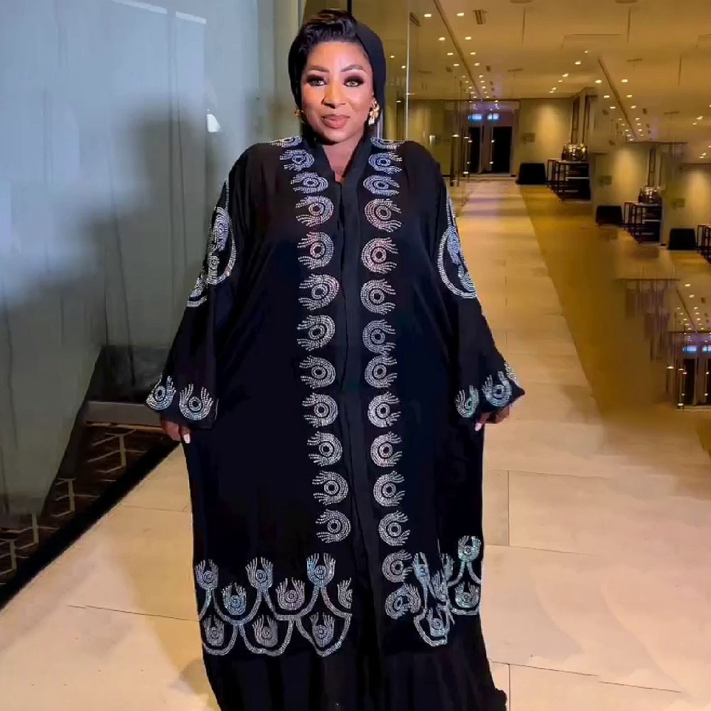 Musical Instrument Africa - ชุดเดรสแฟชั่น gamis elegan คอวีสไตล์แอฟริกันสำหรับคุณแม่ชุดเดรสหรูหราแขนเสื้อประดับเพชรด้านหน้าและด้านหลัง